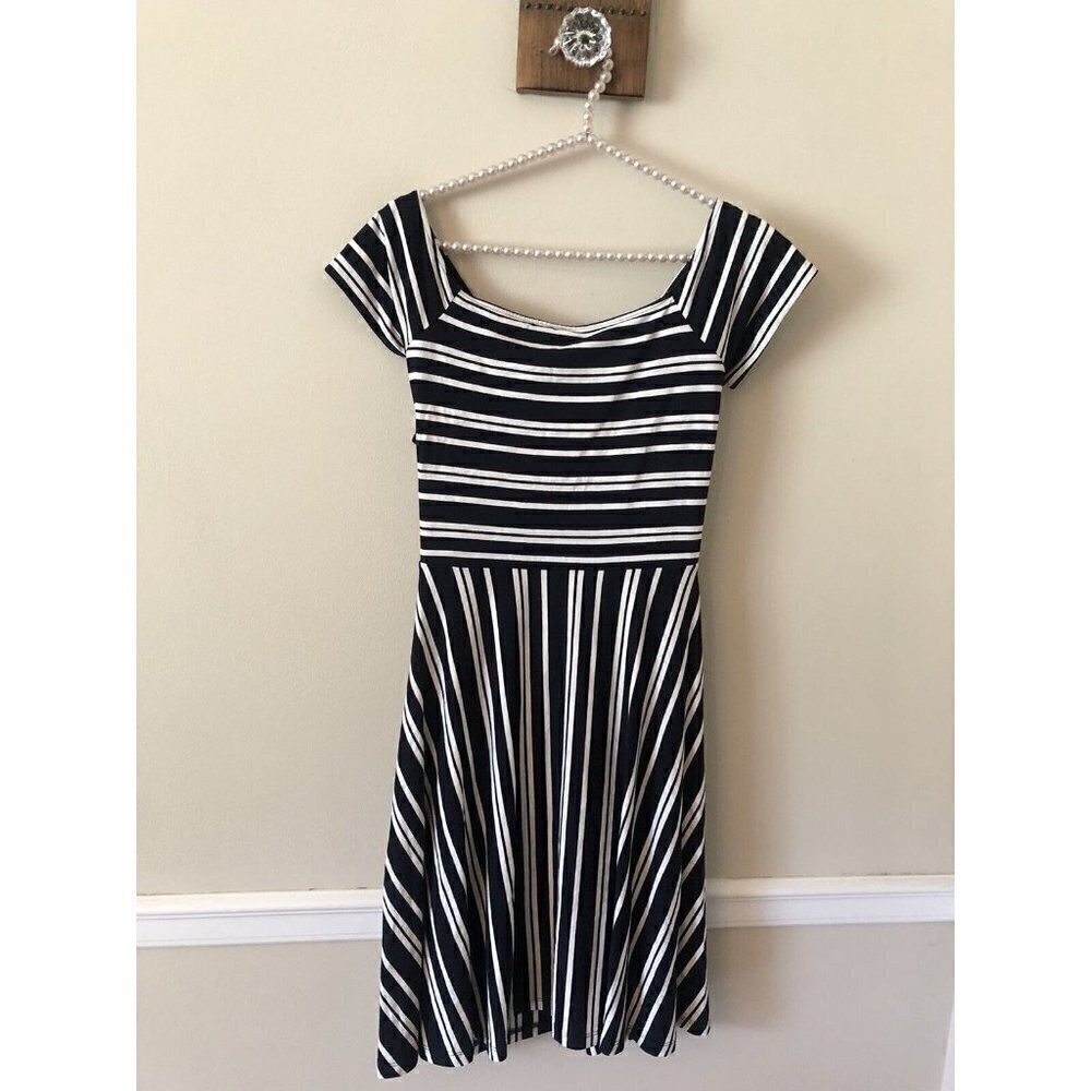 LOFT Womens Size Small Black White Stripe Dress Open Back Short Sleeve